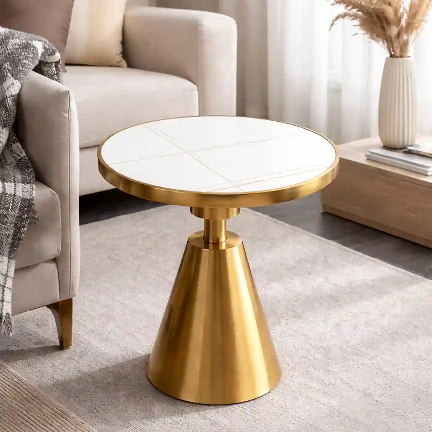 Aureo Luxe White Marble Side Table with Cone Base