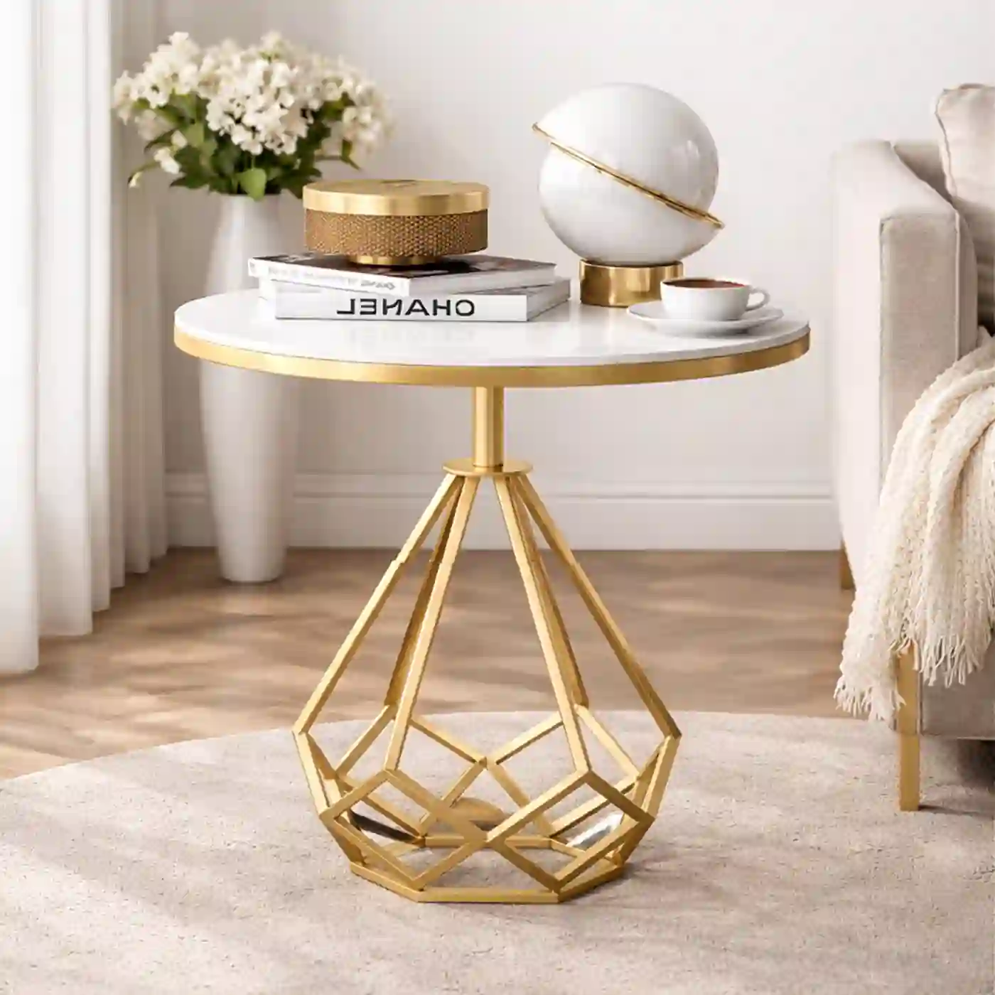 Luna Geo White Marble Side Table with Gold Sculptural Base