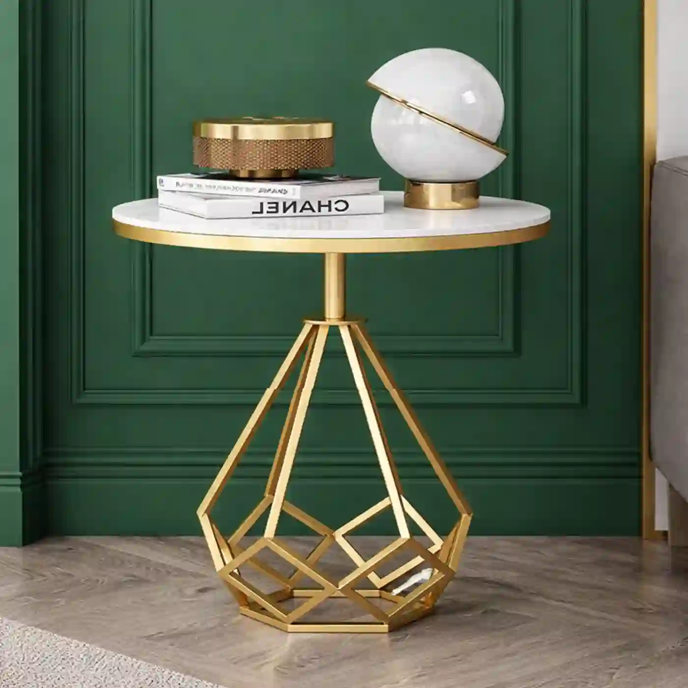 Luna Geo White Marble Side Table with Gold Sculptural Base