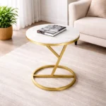 Velo Mod White Marble Side Table with Y-Shaped Gold Base