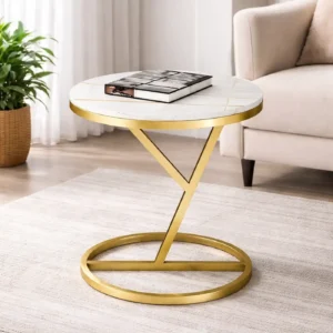 Velo Mod White Marble Side Table with Y-Shaped Gold Base