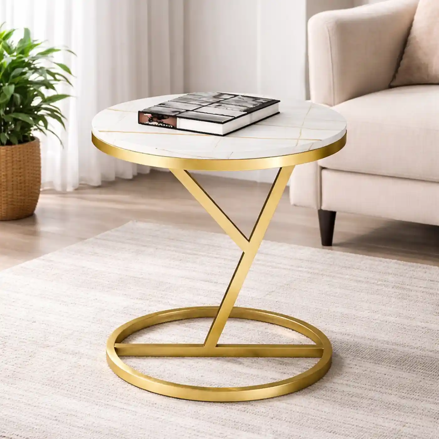 Velo Mod White Marble Side Table with Y-Shaped Gold Base