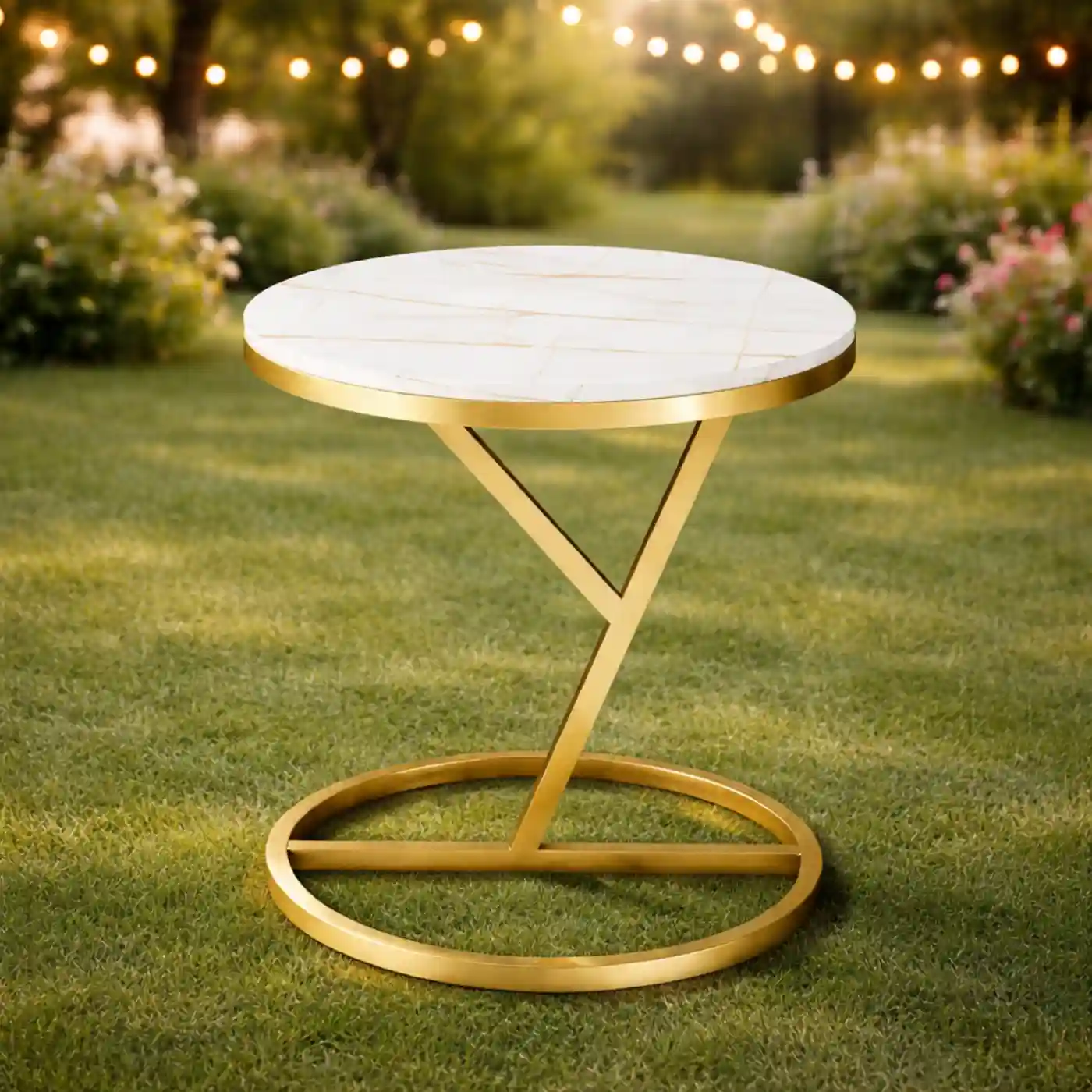 Velo Mod White Marble Side Table with Y-Shaped Gold Base
